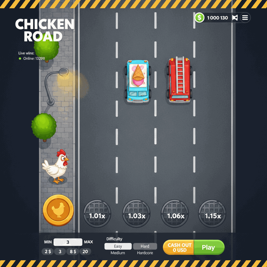Chicken Road gioco crash di InOut: gallina bianca attraversa strada a più corsie con auto in movimento, moltiplicatori visibili su tombini, interfaccia di gioco con scommesse da 0,12 a 200 e vincita massima di 20.000